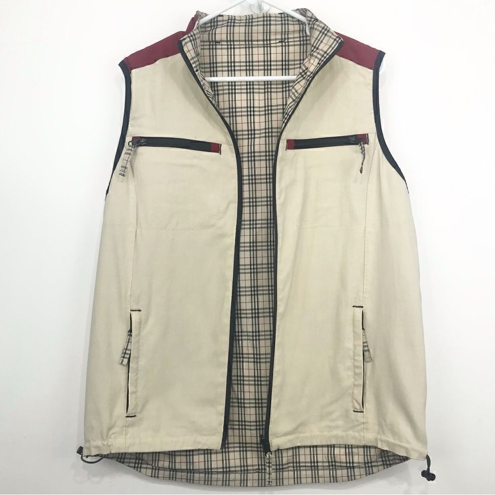 Spanner Sport Tan Checked Plaid Reversible Nylon water Resistant Zip Up Vest
